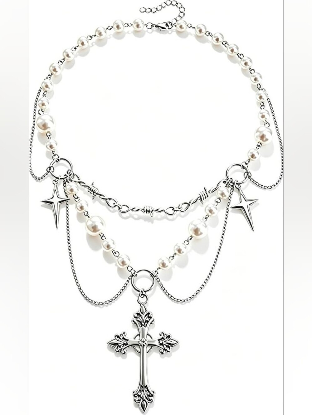 Layered Gothic Faux Pearl Silver Cross Necklace Multi Strand Adjustable